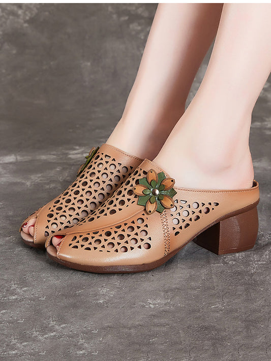 Kana® | Vrouwen Zomer Artsy lederen uitgesneden bloem gespleten sandalen