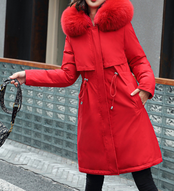 Fleece-Lined Long Winter Jacket with Big Fur Collar  M Black 