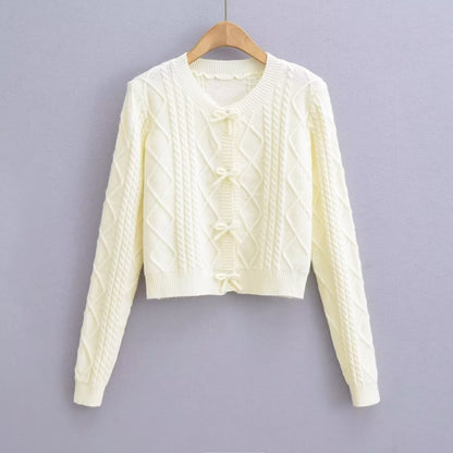 Korean Bow Design Solid Color Soft Glutinous Small Fresh Sweater O Neck Short Slim Fit Sweet Sweater Women    