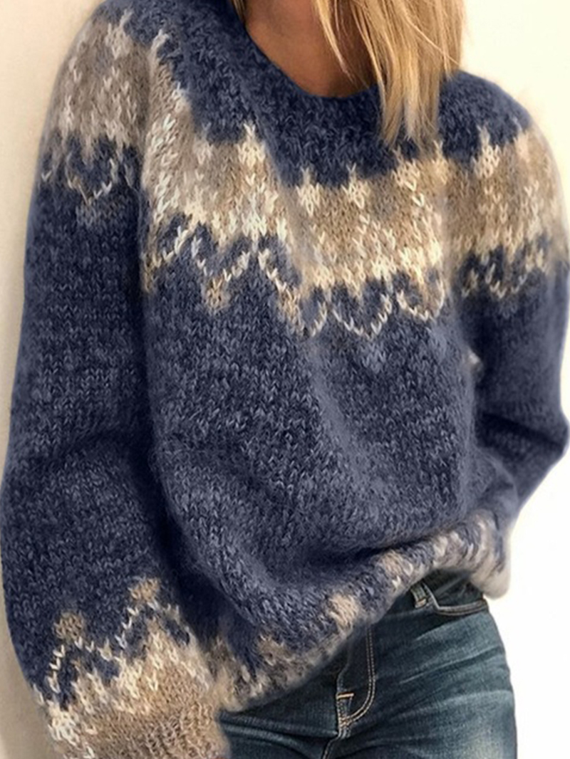 Women Vintage Pattern round Neck Knit Long Sleeve Pullover Sweaters dylinoshop