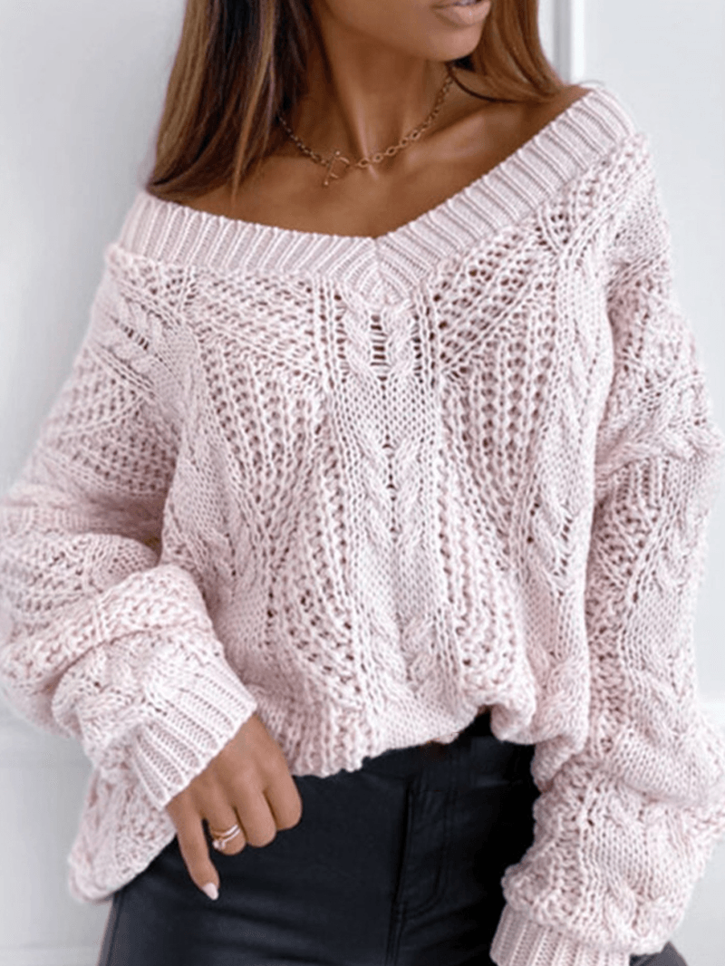 Women V-Neck Solid Color Knitting Hollow Out Casual Sweaters - MRSLM