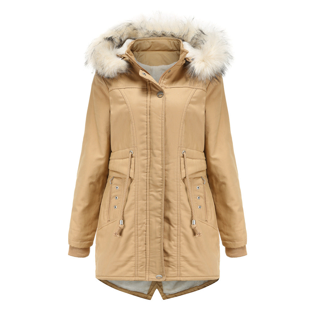 Winter Cotton-Padded Overcoat with Detachable Hat and Fur Collar for Women    