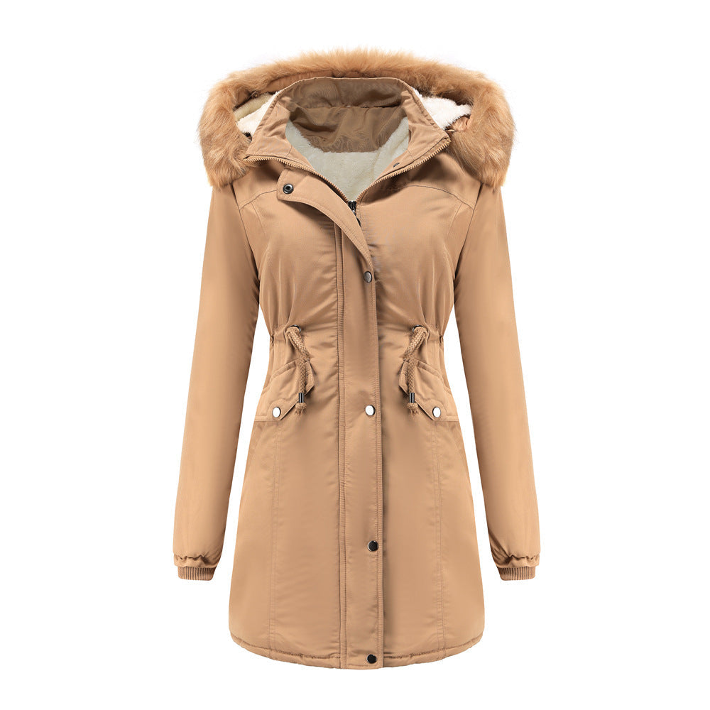 Women's Plus Size Winter Coat with Detachable Hat and Fur Collar  M Khaki 