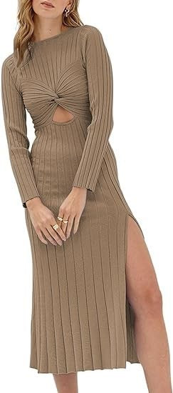 New hollow round neck solid color long sleeve slit knitted ribbed dress Grey casual dresses clothes dress dresses long dress long sleeve dresses midi dress