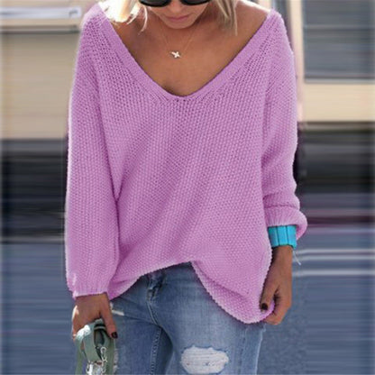 V-neck Loose Knit Pure Color Pullover Sweater - Oh Yours Fashion - 4