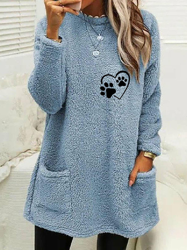 Fleece Sweaters- Plush Mid-Length Sweater Featuring Dog Paw Print & Handy Pockets- Clear blue- Pekosa Women Clothing