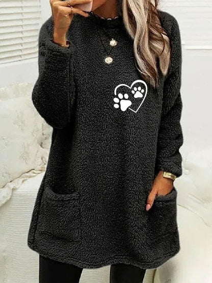 Fleece Sweaters- Plush Mid-Length Sweater Featuring Dog Paw Print & Handy Pockets- Black- Pekosa Women Clothing