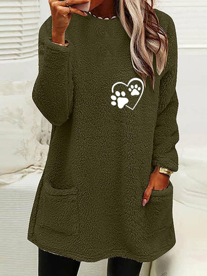 Fleece Sweaters- Plush Mid-Length Sweater Featuring Dog Paw Print & Handy Pockets- Olive green- Pekosa Women Clothing