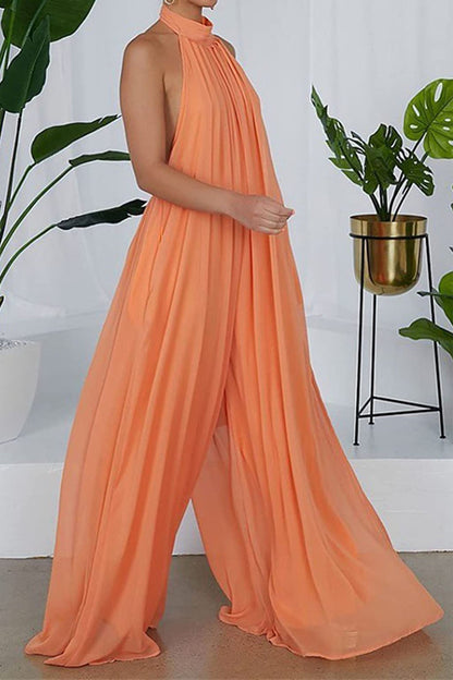 Elise® | Halternek rugloze chiffon jumpsuit met wijde pijpen