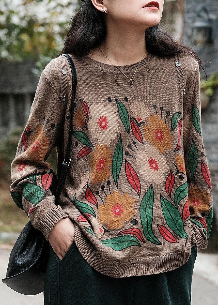 Italian Khaki O-Neck Print Button Fall Sweater - SooLinen