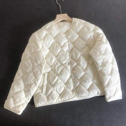 Elegant Women's White Duck Down Jacket with Diamond Lattice Design    