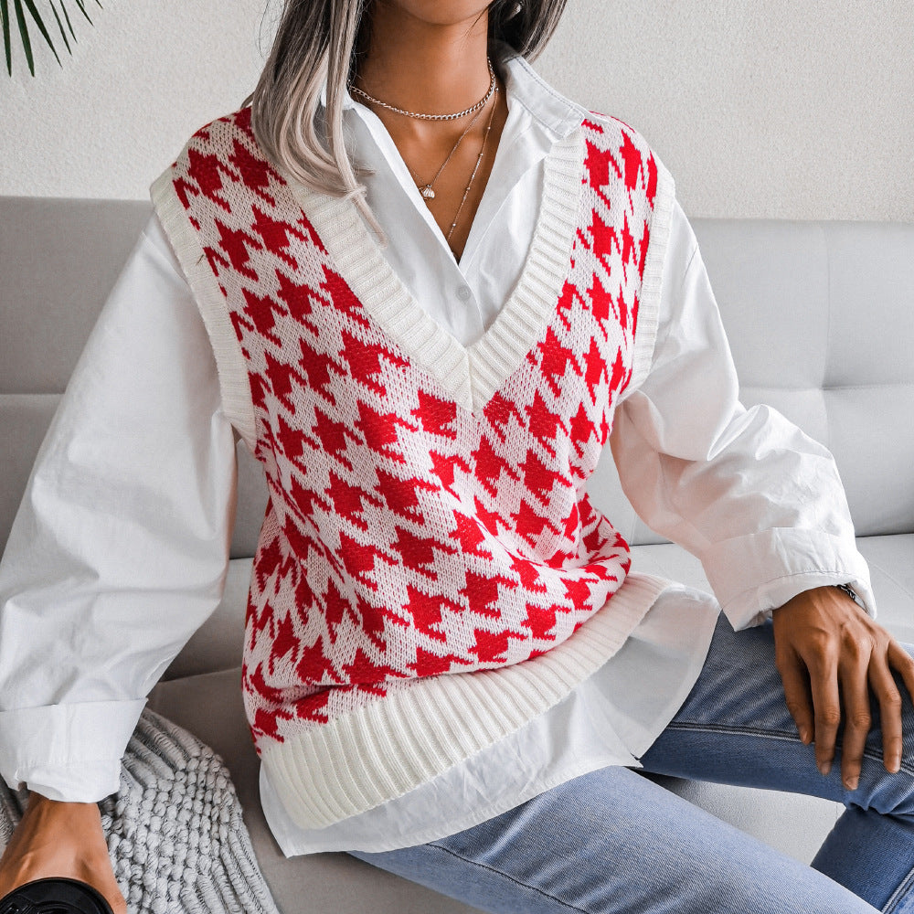 Houndstooth V-Neck Knitted Vest Sweater Waistcoat for Women  S Red 