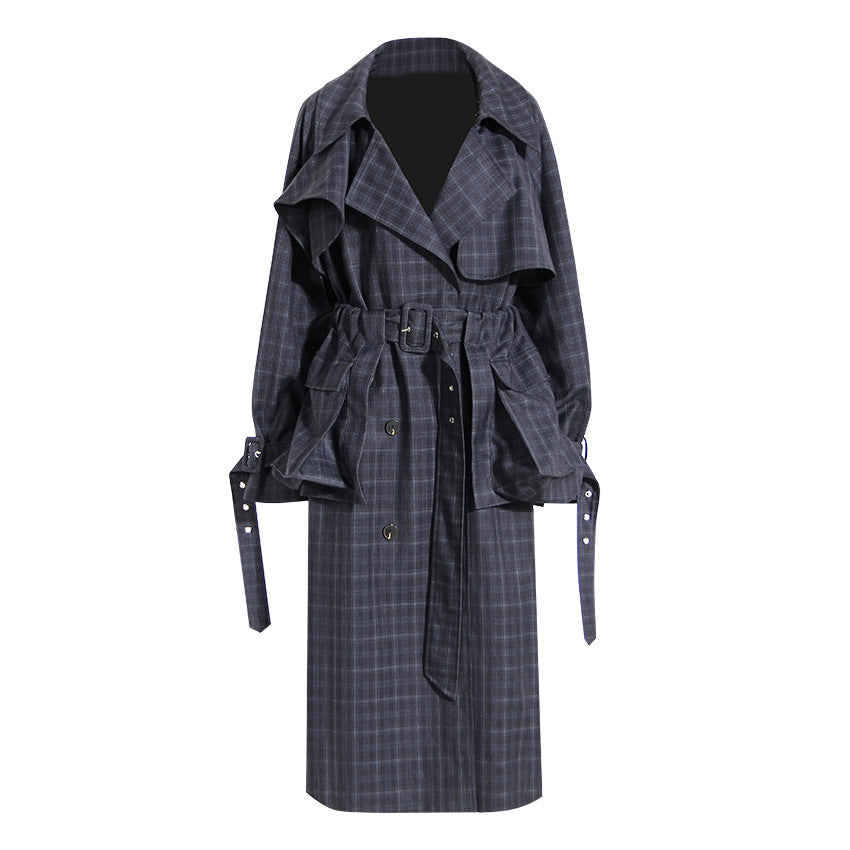 Women's British Plaid Trench Coat with Waist Belt, Large Pockets, and Detachable Lace-Up Detail    