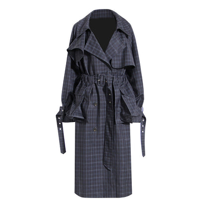 Women's British Plaid Trench Coat with Waist Belt, Large Pockets, and Detachable Lace-Up Detail  S Navy Blue Plaid 