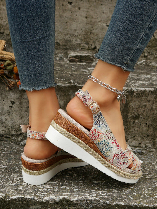 Adelaide® | Bedrukte open teen sleehak espadrilles sandalen