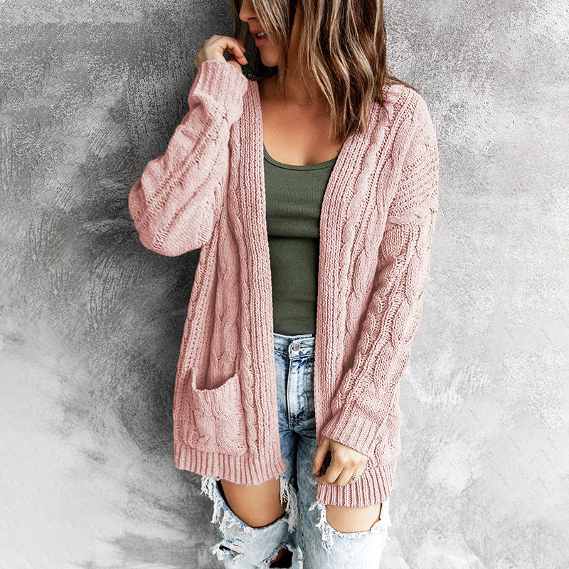 Solid Color Twist Knitted Cardigan Coat for Women - Autumn Winter Sweater with Pockets    