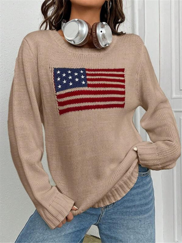 Patriotic Sweater- Patriotic Sweater with American Flag Print- - Pekosa Women Clothing