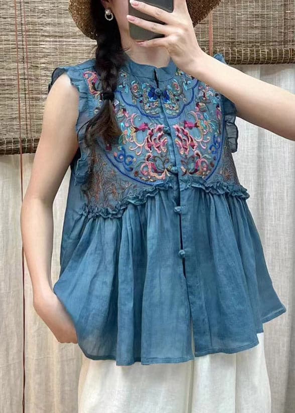 Simple Blue Embroideried Floral Ruffles Button Linen Top Short Sleeve gk-STP220722