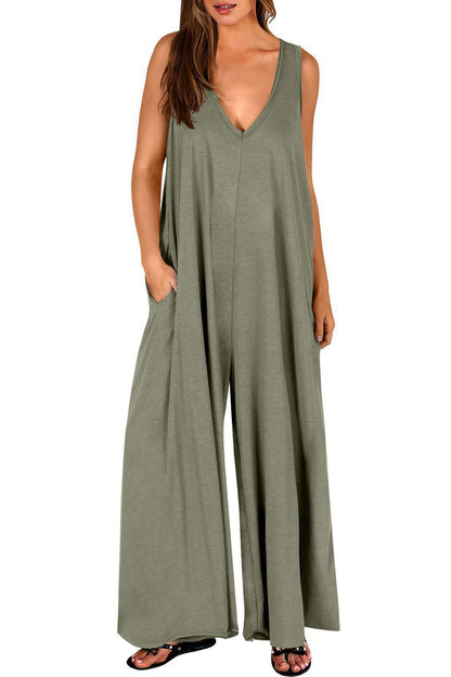 Abigail® | Solid V Neck Pocket Wide Leg Jumpsuits