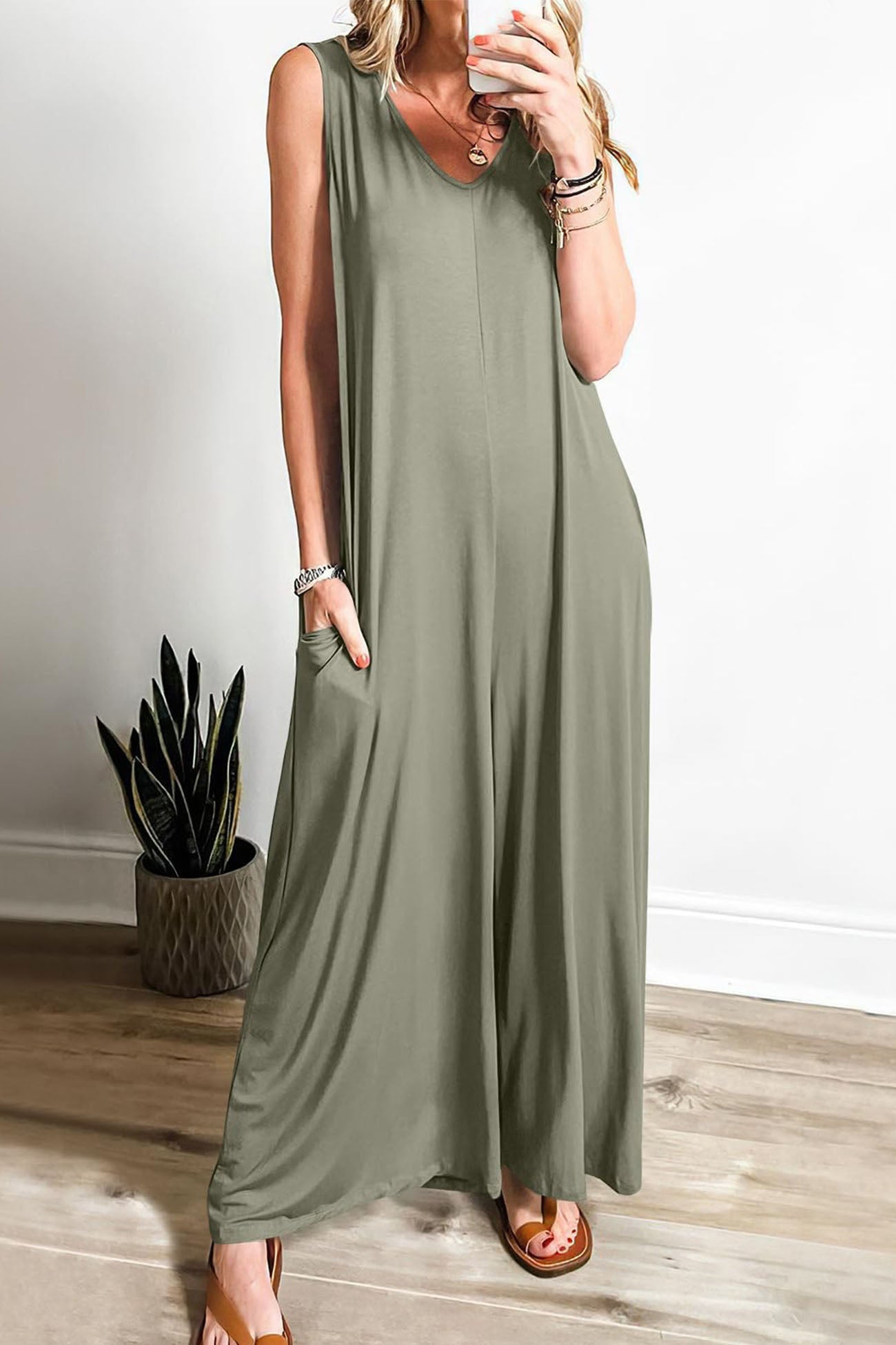 Abigail® | Solid V Neck Pocket Wide Leg Jumpsuits