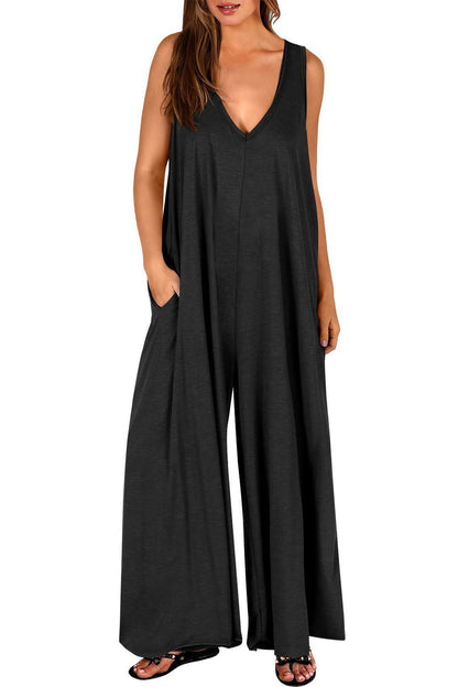 Abigail® | Solid V Neck Pocket Wide Leg Jumpsuits