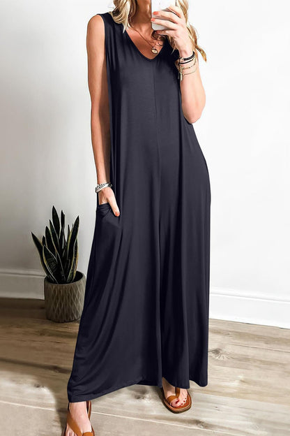 Abigail® | Solid V Neck Pocket Wide Leg Jumpsuits