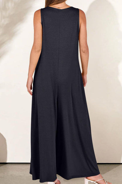 Abigail® | Solid V Neck Pocket Wide Leg Jumpsuits