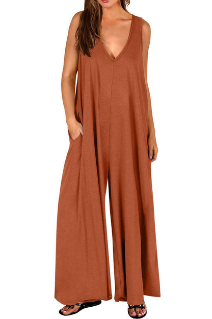 Abigail® | Solid V Neck Pocket Wide Leg Jumpsuits