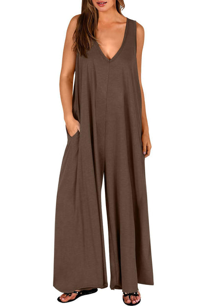 Abigail® | Solid V Neck Pocket Wide Leg Jumpsuits