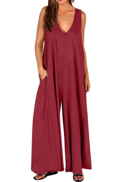 Abigail® | Solid V Neck Pocket Wide Leg Jumpsuits