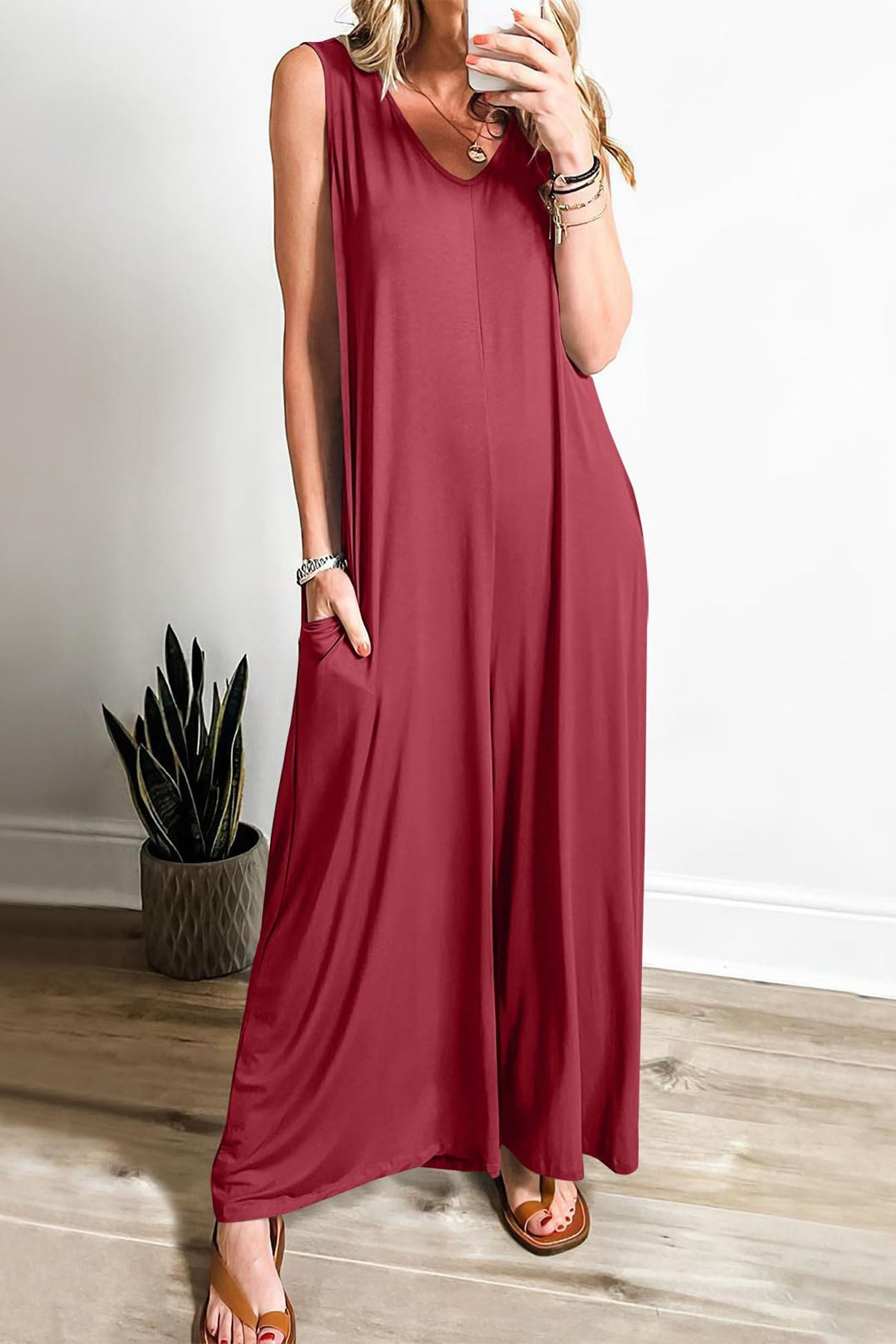 Abigail® | Solid V Neck Pocket Wide Leg Jumpsuits