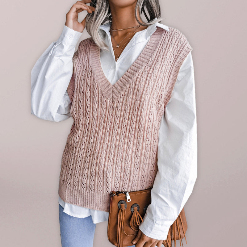 Sweater Vests- Knitted V Neck Sweater - Twist Cable Knit Vest- - Pekosa Women Clothing