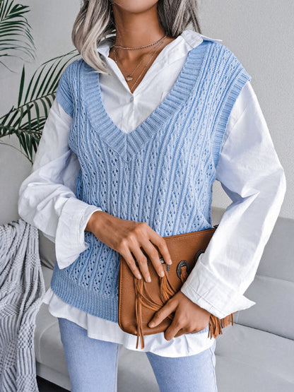 Sweater Vests- Knitted V Neck Sweater - Twist Cable Knit Vest- - Pekosa Women Clothing