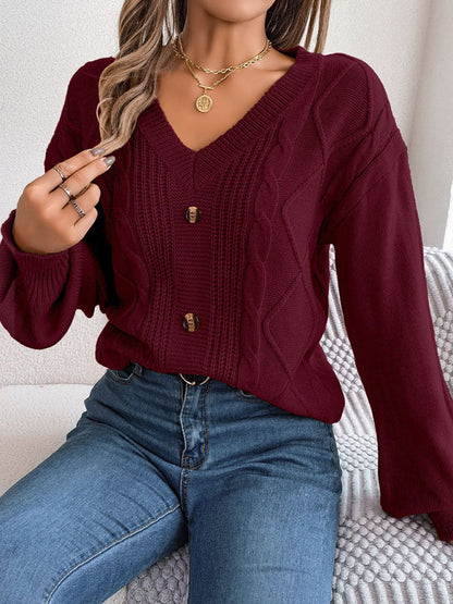 Sweaters- Autumn V-Neck Cable Knit Sweater with Delicate Button Accents- - Pekosa Women Clothing