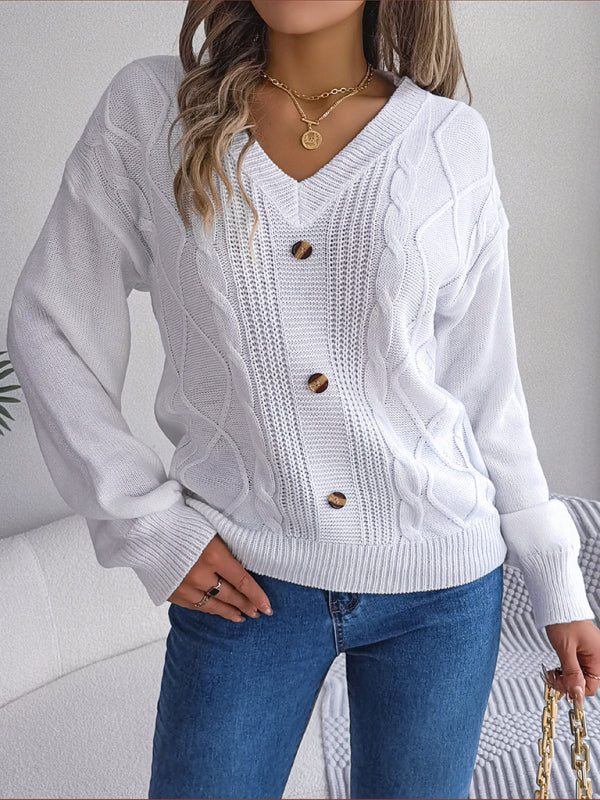 Sweaters- Autumn V-Neck Cable Knit Sweater with Delicate Button Accents- - Pekosa Women Clothing