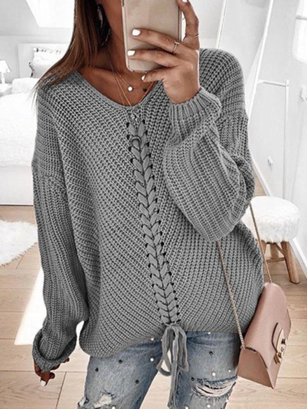 Sweaters- Braid Knit Sweater | Relaxed Drop Shoulder Jumper- - Pekosa Women Clothing