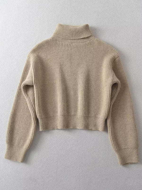 Sweaters- Cozy Knit High Neck Crop Sweater | Turtleneck Jumper- - Pekosa Women Clothing