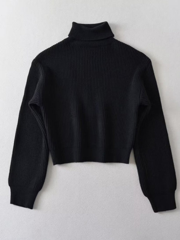 Sweaters- Cozy Knit High Neck Crop Sweater | Turtleneck Jumper- - Pekosa Women Clothing