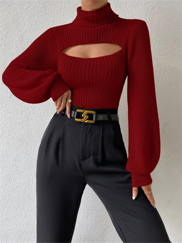 Sweaters- Elegant Rib-Knit Turtleneck Sweater with Cutout Front- - Pekosa Women Clothing