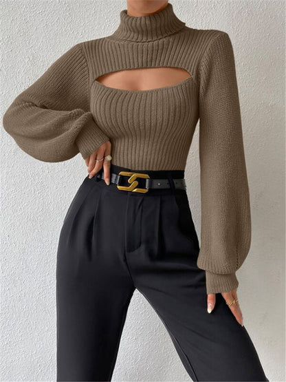 Sweaters- Elegant Rib-Knit Turtleneck Sweater with Cutout Front- - Pekosa Women Clothing