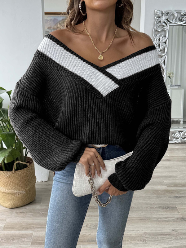 Sweaters- Oversized Wide V-Neck Sweater - Autumn Jumper Layering- - Pekosa Women Fashion