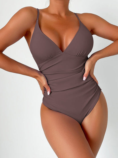 Swimwear- Sculpted Silhouette Tummy Control Solid Ruched One-Piece Swimwear- - Pekosa Women Fashion