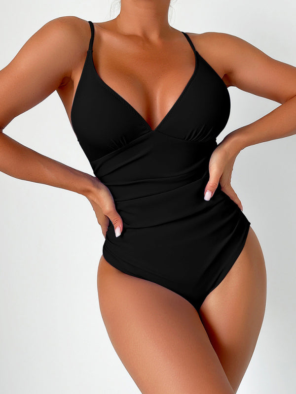 Swimwear- Sculpted Silhouette Tummy Control Solid Ruched One-Piece Swimwear- Black- Pekosa Women Fashion