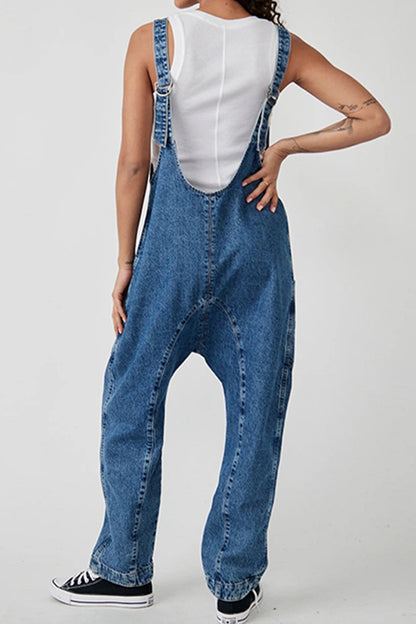 Sofia®| V Hals Zakken Mouwloze Denim Jumpsuits