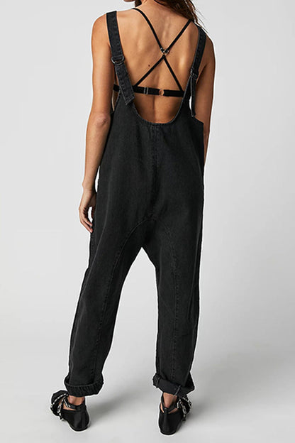 Sofia®| V Hals Zakken Mouwloze Denim Jumpsuits