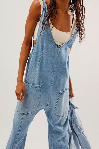 Sofia®| V Hals Zakken Mouwloze Denim Jumpsuits