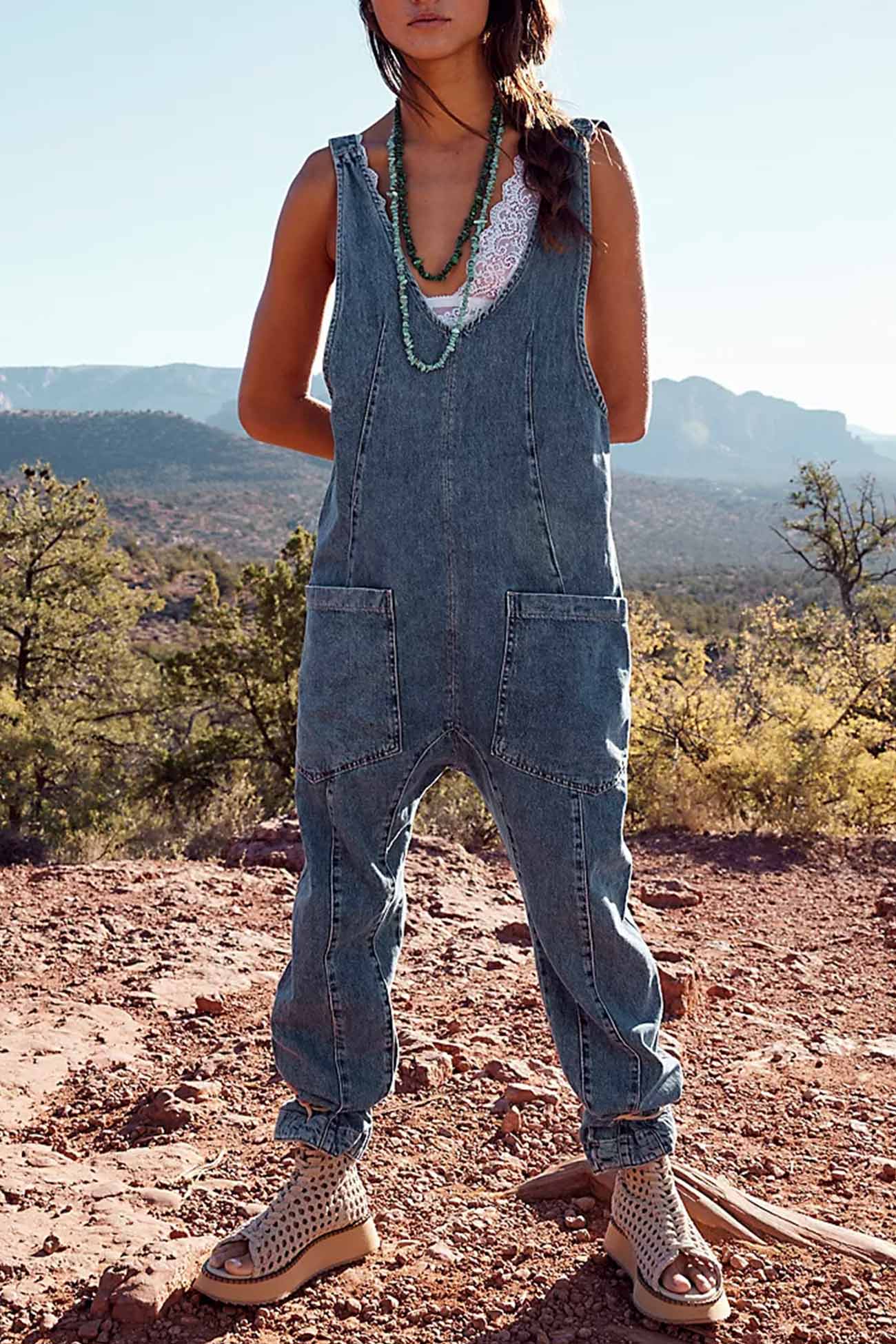 Sofia®| V Hals Zakken Mouwloze Denim Jumpsuits