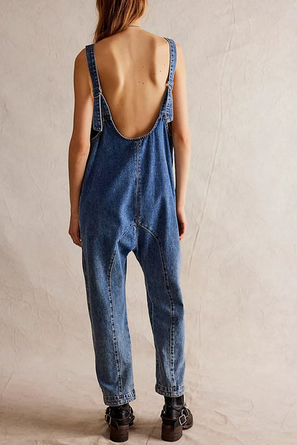 Sofia®| V Hals Zakken Mouwloze Denim Jumpsuits