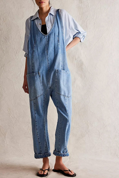 Sofia®| V Hals Zakken Mouwloze Denim Jumpsuits