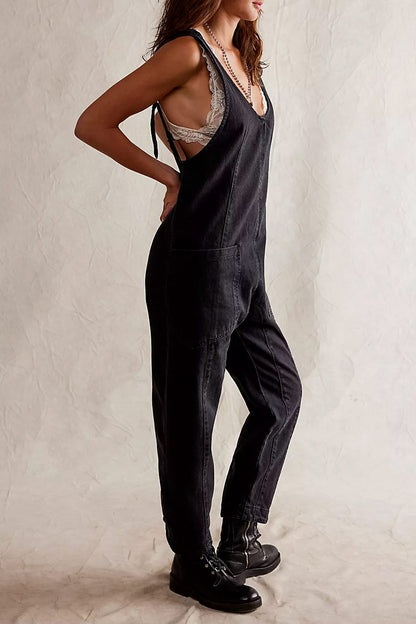 Sofia®| V Hals Zakken Mouwloze Denim Jumpsuits